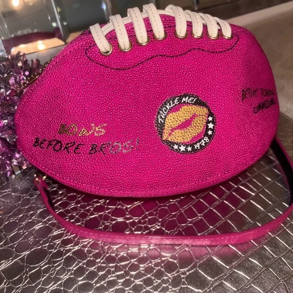 Betsey Johnson Pink Football purse with Sparkly Pom-Poms - Picture 9 of 11